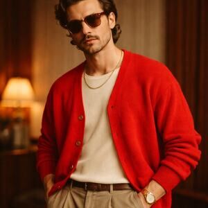Vintage Sears 70's | L | 100% Alpaca knit Cardigan V neck Sweater Red Men's